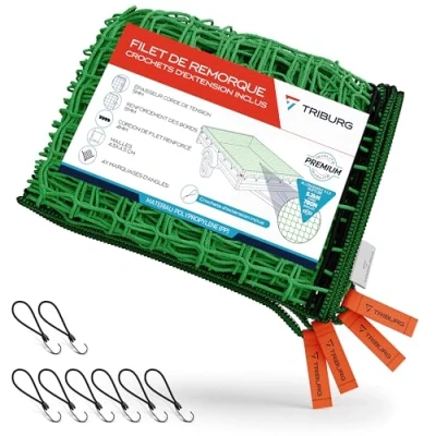 Image de TRIBURG® Filet de remorque 2x3m (renforcé) avec marquages d&#039;angle et 8 Crochets d&#039;expander tendeurs en Caoutchouc pour Une Fixation optimale la Charge