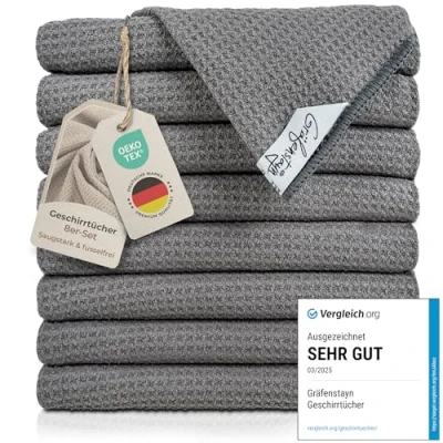 Image de Gräfenstayn Lot de 8 Torchons Cuisine en Microfibre Structure gaufrée très absorbante &amp; Non pelucheuse Oeko TEX Standard 100 50x70 cm Vaisselle, Chiffons (Anthracite)