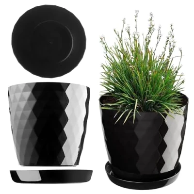 Image de KADAX Pot de Fleurs en Plastique avec Soucoupe Intégrée, Plante pour Une Décoration Florale Moderne dans l&#039;espace Interieur (30 cm, Noir)