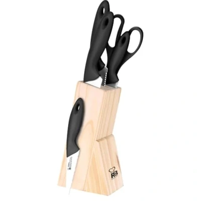 Image de RB Renberg Dresde 6 couteaux acier inoxydable Cuchi Chef 18cm Couteau à pain 20cm polyvalent 12,5 cm peleling 8,75 Ciseaux Poignée noire Bloc en bois