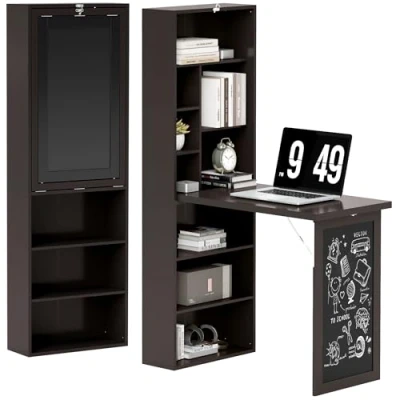 Image de HOMCOM Bureau Informatique Pliable, avec Rangement, Table Murale Rabattable bibliothèque, Poste de Travail, Tableau à Craie et étagère réglable, Marron
