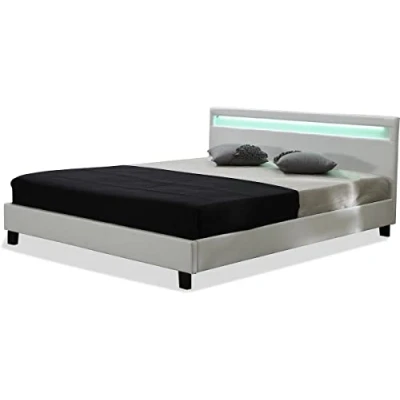 Image de Habitat et Jardin Lit Double Maria en Simili Blanc avec LED Intégrées 160 x 200 cm Cadre de 2 Places Design Sommier à Lattes Inclus
