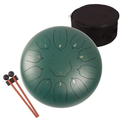 Image de Lomuty Tambour de Langue en Acier, 12 Pouces 30cm,11 Notes C Majeur, Instrument Percussion, à Main avec Sac, Livre Musique, Maillets et Médiators (Vert)