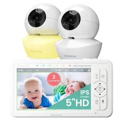 Image de Babysense Moniteur Vidéo pour Bébé Babyphone avec Écran Divisé 5“ et Deux HD Caméras 720p, Conversation Audio Bidirectionnel, Fonction PTZ, Longue Portée, Lumière De Nuit, Vision Nocturne, Berceuses