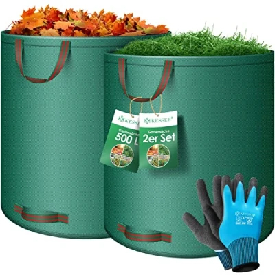 Image de KESSER® Sacs jardin 2X500L Set à feuilles déchets +gants Autonome 4 poignées Stable Robuste Pliable Tontes gazon pour Coupes vertes Vert
