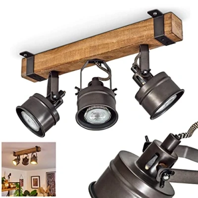 Image de hofstein Plafonnier Pehefito, lampe en métal noir avec un abat jour bois marron orientables et réglables, idéal dans salon vintage, 3xGU10, ampoule(s) non incluse(s)