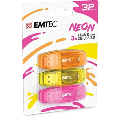 Image de EMTEC Clé USB 2.0 C410 , Mémoire Flash Drive De 32Gb, Lecture 5Mb/S, Écriture 15Mb/S, Compatible 2.0, 3.0, Transparentes Néon Fluo Avec Capuchon Pack 3