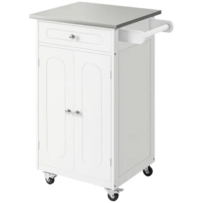 Image de HOMCOM Chariot de Service desserte Cuisine à roulettes Multi rangements 1 tiroir Placard 2 Portes avec étagère Porte torchons MDF Blanc Acier Inoxydable