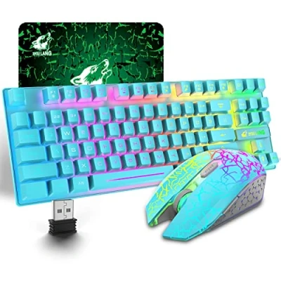 Image de Combo clavier et souris de jeu sans fil, 87 touches arc en ciel LED rétro éclairage batterie rechargeable 3800mAh sensation mécanique anti ghosting ergonomique étanche RVB muet (bleu)