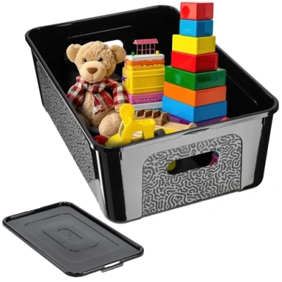 Image de KADAX Boîte de rangement rectangulaire avec couvercle, empilable, en plastique, peu encombrante, 11 l, noire