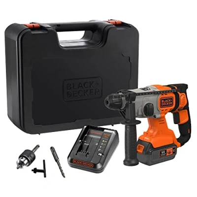 Image de BLACK+DECKER Marteau Perforateur 1,2J SDS + sans Fil 18V 4 Ah Livrée en Coffret 1 Batterie Ah, Chargeur 2A, Poignée Latérale, Adaptateur Mandrin, et Foret Béton BCD900M1K QW