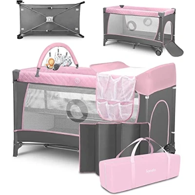 Image de lionelo Flower lit Bebe Parapluie Parc Bebe, Deux hauteurs de Matelas, entrée latérale, Barre avec Jouets, Table à Langer sûre Sac Transport,système Pliage Rapide