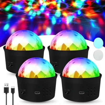 Image de BORDEAG Lampe De Fête LED: 4 Pièces Effets Lumineux Dynamiques RGB, Commande Musicale, Rotation 360, avec Télécommande, pour Fêtes, Disco, Anniversaire Enfants (55 * 53 53mm, Noir)