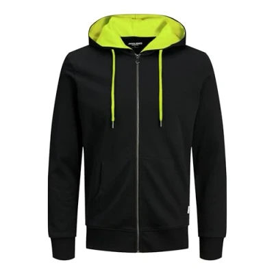 Image de JACK &amp; JONES Sweat à Capuche pour Homme, avec Fermeture éclair, Couleur Unie, Noir/Fluo (Jaune de sécurité), XXL