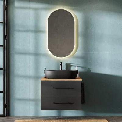 Image de Planetmöbel Lux Ensemble de meubles salle bain avec meuble bas 70 cm, lavabo à poser et 42 cm noir, chêne doré/anthracite