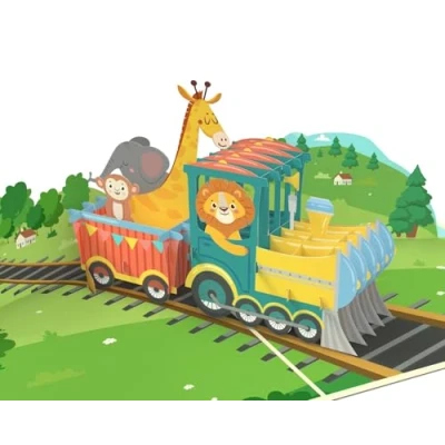Image de MOKIO® Carte Pop Up Locomotive à vapeur avec animaux cadeau 3D pour un anniversaire, de Vœux filles et garçons