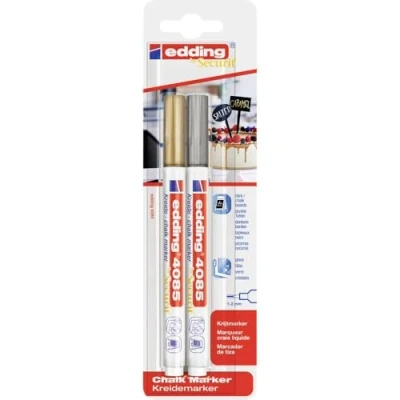 Image de edding 4085 Marqueur craie liquide or, argent 2 feutres pointe ronde 1 mm feutre effacable pour écrire sur les vitres,le verre ardoise aux couleurs opaques