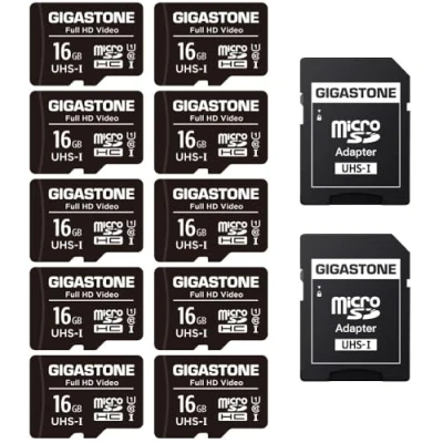 Image de Gigastone Carte Mémoire 16 Go Lot de 10 Cartes, Haute Vitesse Lecture allant jusqu&#039;à 85 Mo/s. idéal pour Switch Full HD Vidéo Caméra Drone, U1 C10 Micro SDHC avec 4 étuis et 2 adaptateurs SD