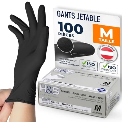 Image de Gants nitrile jetables non poudrés H&amp;S (100 pièces), S Small M Medium L Large XL X Large, sans latex, convient pour aliments, dermophile et bien tolérée les peaux sensibles (noir, M)