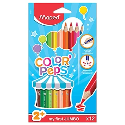 Image de Maped Maxi Crayons de Couleur Color&#039;Peps Premiers Coloriage pour Bébé +2 ans Boîte 12 Couleurs Jumbo en Bois Certifié FSC
