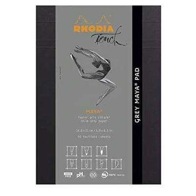 Image de RHODIA TOUCH 116106C Bloc Grey Maya Pad A5 Uni 50 Feuillets Papier Clairefontaine Gris 120 g/m² pour la Calligraphie et le Dessin Précis au Crayon, Liner, Plume