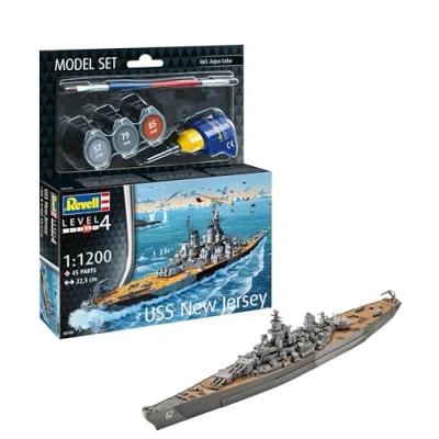 Image de Revell 65183 Battleship USS New Jersey Kit de modélisme en plastique non construit/non peint à l&#039;échelle 1:1200 avec colle professionnelle Contacta, pinceau et peintures Aqua Color sélectionnées