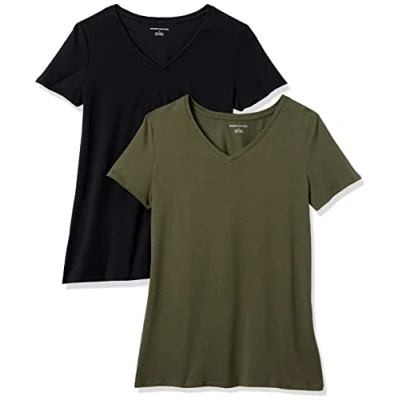 Image de Amazon Essentials T Shirt Col en v à Manches Courtes Coupe Classique Femme, Lot de 2, Vert Olive/Noir, XXL