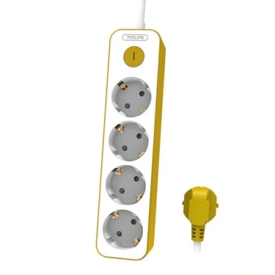 Image de Philips Multiprise CHP2145Y/10 3 Prises de Courant, câble 1,5 m, Interrupteur Principal, Fermeture sécurité Automatique, indicateur LED d&#039;alimentation Blanc/Jaune