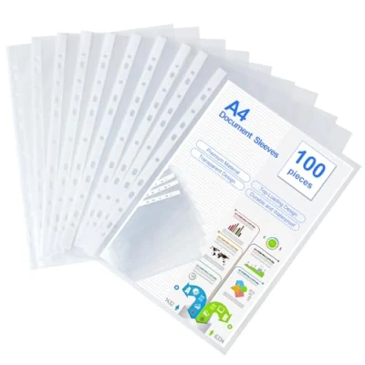 Image de 100 Pochettes Perforée Perforées A4 Transparentes en plastique PP pour la conservation et protection des documents,papiers dossiers(30.5 * 23.5cm)