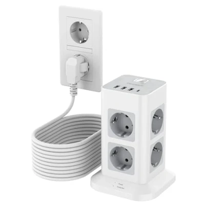 Image de TESSAN 8 Prises Multiprise USB C, Prise Multiple avec Rallonge Electrique 10M, Parafoudre Interrupteur, Tour 3 A et 1 3600W Bloc pour Le Bureau