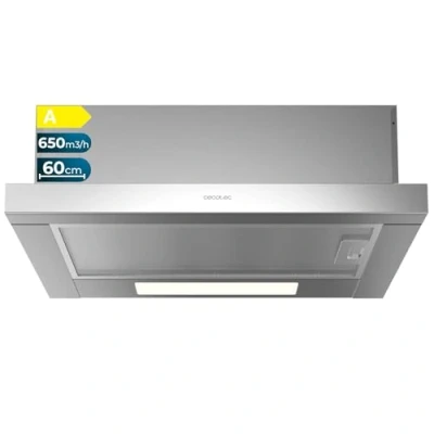 Image de Cecotec Hotte Aspirante 60cm Telescopic Bolero Flux TLM 606500 Inox A. 165W Motor, 650m3/h Suction Power, Mechanical Control, 2 Power Levels, Light, and Carbon Filter, Stainless Steel Finish