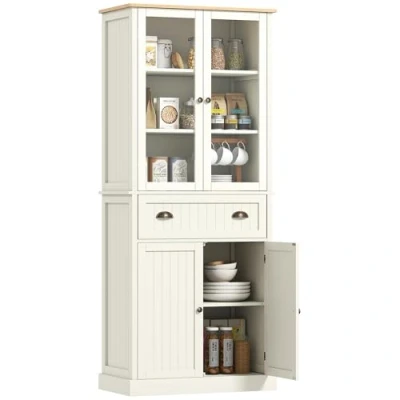 Image de HOMCOM Buffet de Cuisine Armoire 4 Portes Dont 2 vitrées et 1 tiroir Hauteur 182,5 cm avec étagères MDF Beige