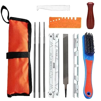 Image de Kit d&#039;Affûtage Universel pour Chaîne de Tronçonneuse Portable Affutage Chaine 11 Pièces avec Limes Rondes 4/4,8/5,5mm Lime Plate Manche Guide et Pochette