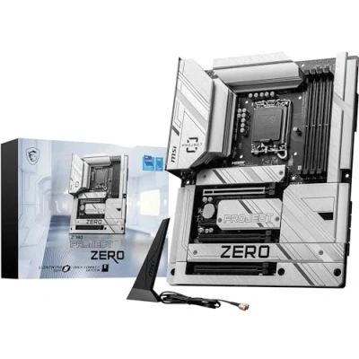 Image de MSI Z790 Project Zero Carte mère, ATX à connecteurs arrière pour processeur Intel de 14e, 13e ou 12e génération, LGA 1700 VRM DrMOS 55A, DDR5 Memory Boost 7200+MHz/OC, PCIe 5.0 x16, 4 x M.2 Gen4,
