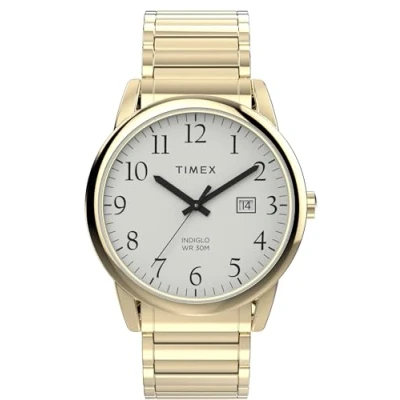 Image de Timex Easy Reader Montre pour hommes, 40 mm, bracelet extensible en acier inoxydable doré, cadran blanc, boîtier doré TW2W52000