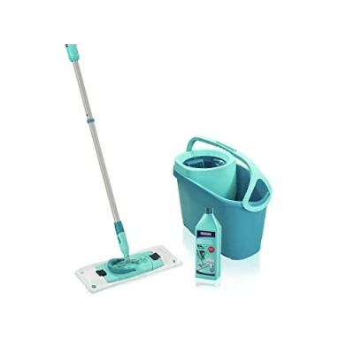 Image de Leifheit Set Clean Twist M Ergo avec nettoyant puissant, lave sol molleton micro duo, seau essoreur et balai à plat essorage facile, serpillère manche télescopique, kit de lavage tous sols