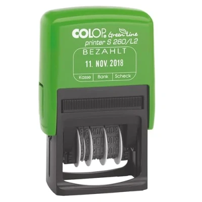 Image de COLOP Printer S260 L2 Green Line Tampon encreur avec texte payé Bleu/rouge Date allemande