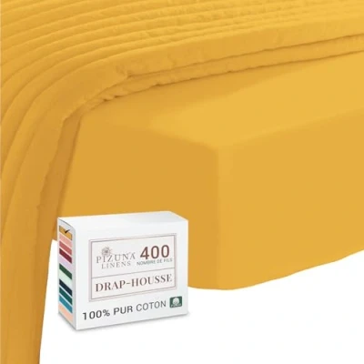 Image de Pizuna Coton Peigné Drap Housse 200x200 cm Miel d&#039;or, 100% Longue Tige 400 Fils Armure Satin, de Luxe Bonnet 40 (Miel d&#039;or 2 Personnes)