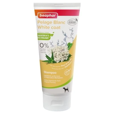 Image de BEAPHAR Shampoing pour Pelage Blanc labellisé ECOCERT Chien Contient de l&#039;Aloe Vera et des extraits Fleurs Sureau Bio pH Neutre sans paraben, Silicone, Colorant, Alcool 200 ML