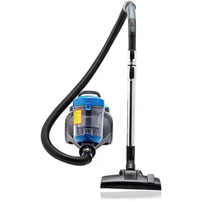 Image de Amazon Basics Aspirateur sans sac à cylindre, puissant, pour sols durs et tapis, filtre HEPA, compact léger, 700 W, 2.0 L, Noir/Bleu
