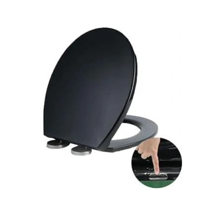Image de Abattant WC à fermeture amortie avec libération rapide pour un nettoyage facile, siège de toilette standard en forme O, fixation simple sur le dessus, universel, noir