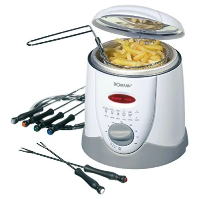 Image de Bomann Friteuse FFR 1290 CB à fondue 2en1 incl. 6 fourchettes fondue, panneau de commande avec écran contrôle, boîtier Cool Touch, 1 litre huile/graisse, 840 watts, blanc