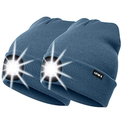 Image de ATNKE 2 Pièces Chaud LED tricoté Chapeau de Bonnet Unisexe avec,USB Rechargeable Course Ultra Lumineux 4 Lampe lumière étanche Multicolore (Bleu Ombre, 2PCS)