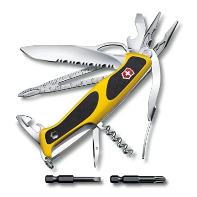 Image de Victorinox Ranger Grip Boatsman Couteau de Poche Suisse, Multitool, 22 Fonctions, Lame Fixe, Tire Bouchon, Etui, Jaune/Noir