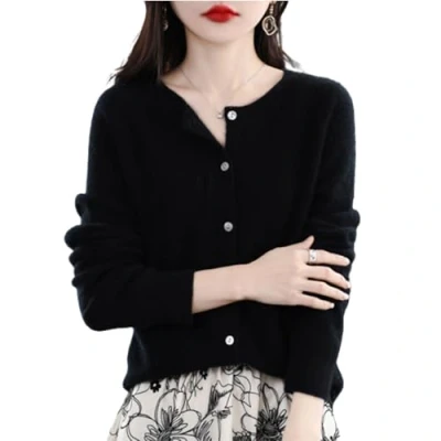 Image de TeysHa Cardigan en Cachemire pour Femmes, Pull Laine à col Rond boutonné Manches Longues, élastique Tricot Doux et Chaud (Black,X Large)