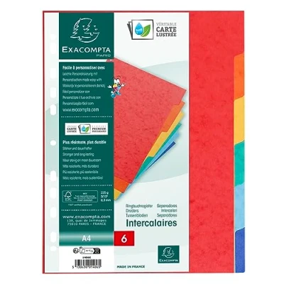 Image de Exacompta Réf. 1406E Intercalaires en véritable carte lustrée souple 225g/m2 FSC® avec 6 onglets neutres Format à classer A4 Dimensions 22,5 x 29,7 cm couleurs assorties