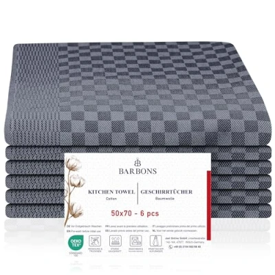 Image de BARBONS Lot De 6 Torchons Cuisine certifié Oeko TEX Standard 100 240 g/m² 85 g Vaisselle Qualité Supérieure 100% Coton Super Absorbant Torchon Carreaux Noir Anthracite (50x70 cm)