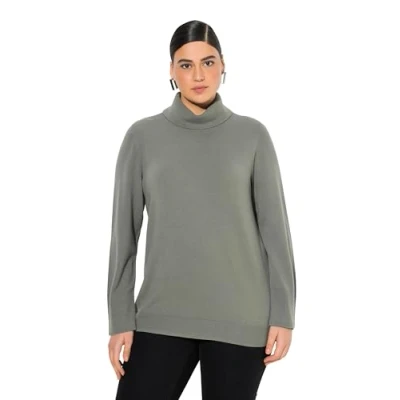 Image de Ulla Popken Rollkragenpullover, Breite Rippbündchen, Langarm Pull Over, Gris Vert, 64 66 Femme