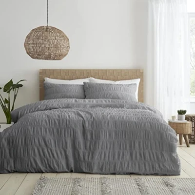 Image de Catherine Lansfield Parure de lit Simple en Seersucker avec taie d&#039;oreiller Gris