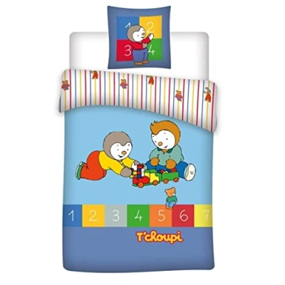 Image de Parure de lit enfant coton bio tchoupi marque modèle 100% lavable en machine bleu